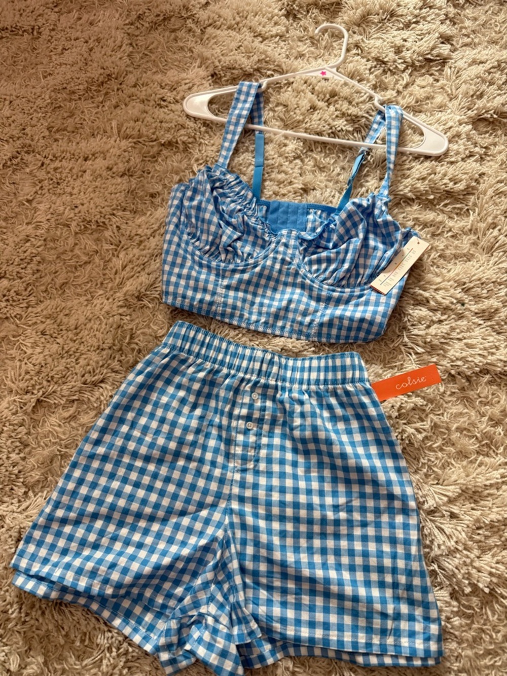 Colsie Blue & White Gingham Ruffle Crop Top and High-Waist Shorts Set